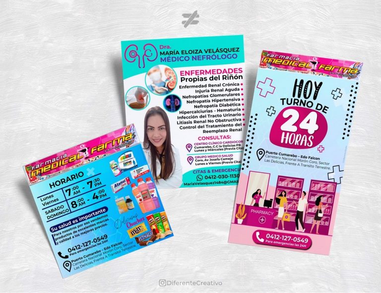 diseño flyer folletos publicitario Medical Farma y Doctora Nefróloga María Eloisa Velázquez, dilca farmacia puerto Cumarebo falcón venezuela