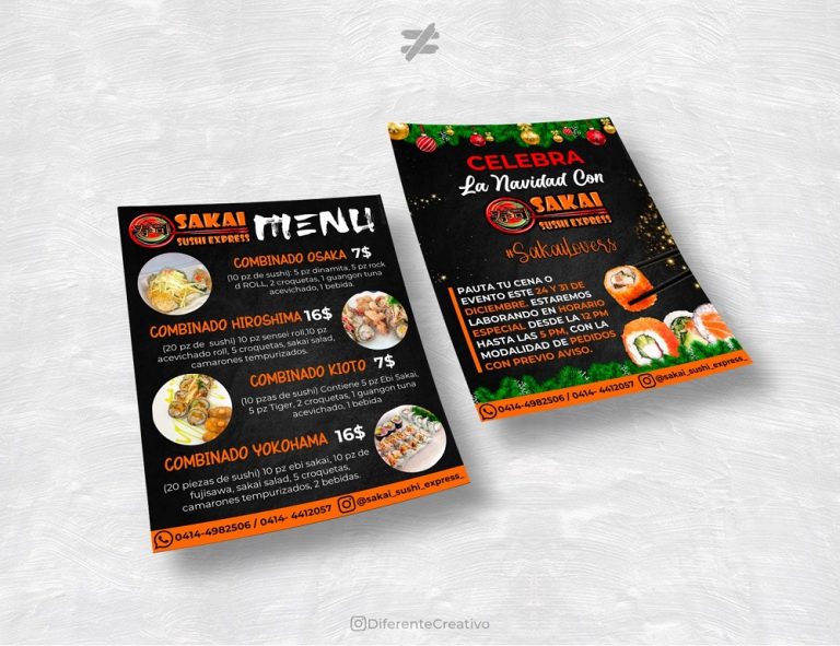 Diseñador de flyer tipo menú Sakai Sushi Express, Valencia, Estado Carabobo, Venezuela.