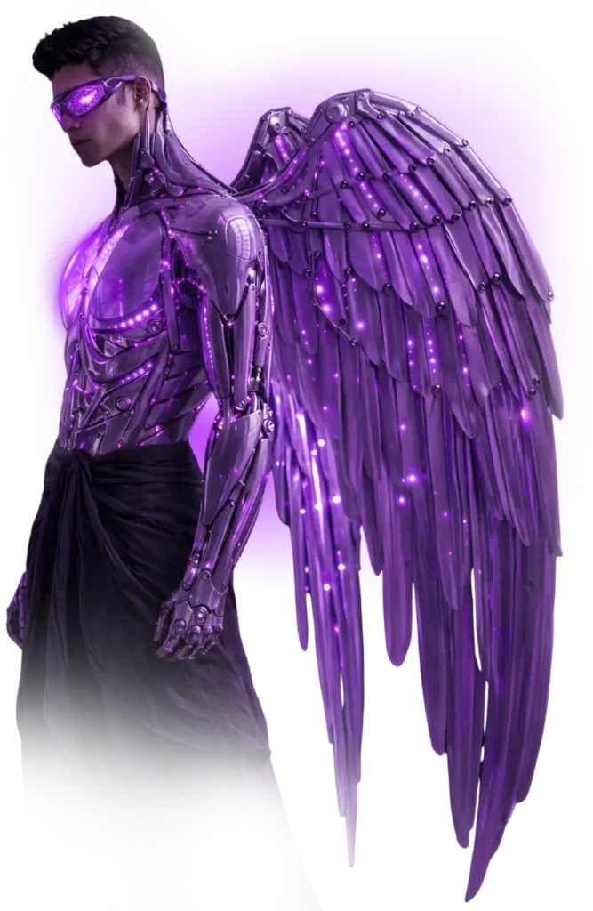 Angel Futuristic purple AI-inspired digital artwork by Jose Abdiel, showcasing luxury cyber aesthetics and advanced web design visuals.