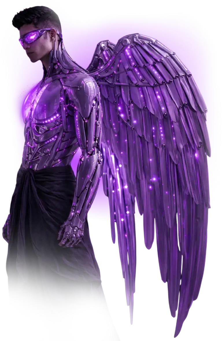 Angel Futuristic purple AI-inspired digital artwork by Jose Abdiel, showcasing luxury cyber aesthetics and advanced web design visuals.
