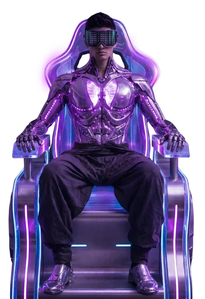 Futuristic purple AI-inspired digital artwork by Jose Abdiel + Hub365 AI, showcasing luxury cyber aesthetics and advanced web design visuals.